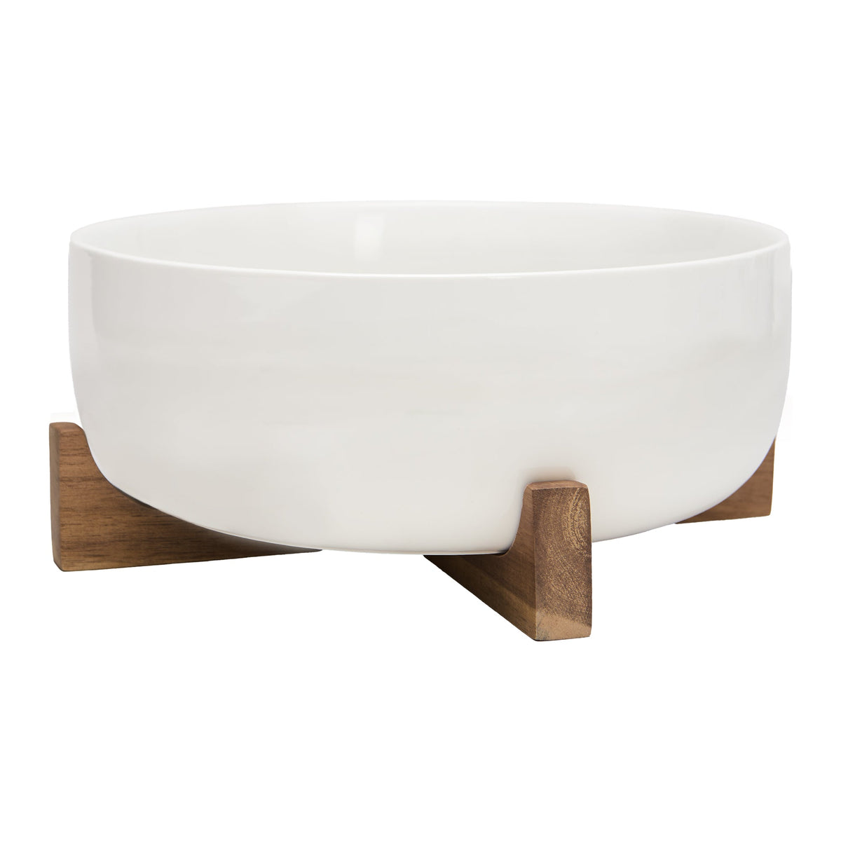 White Porcelain Serving Bowl with Acacia Wood Stand, 9.4 in, 2-Piece Set