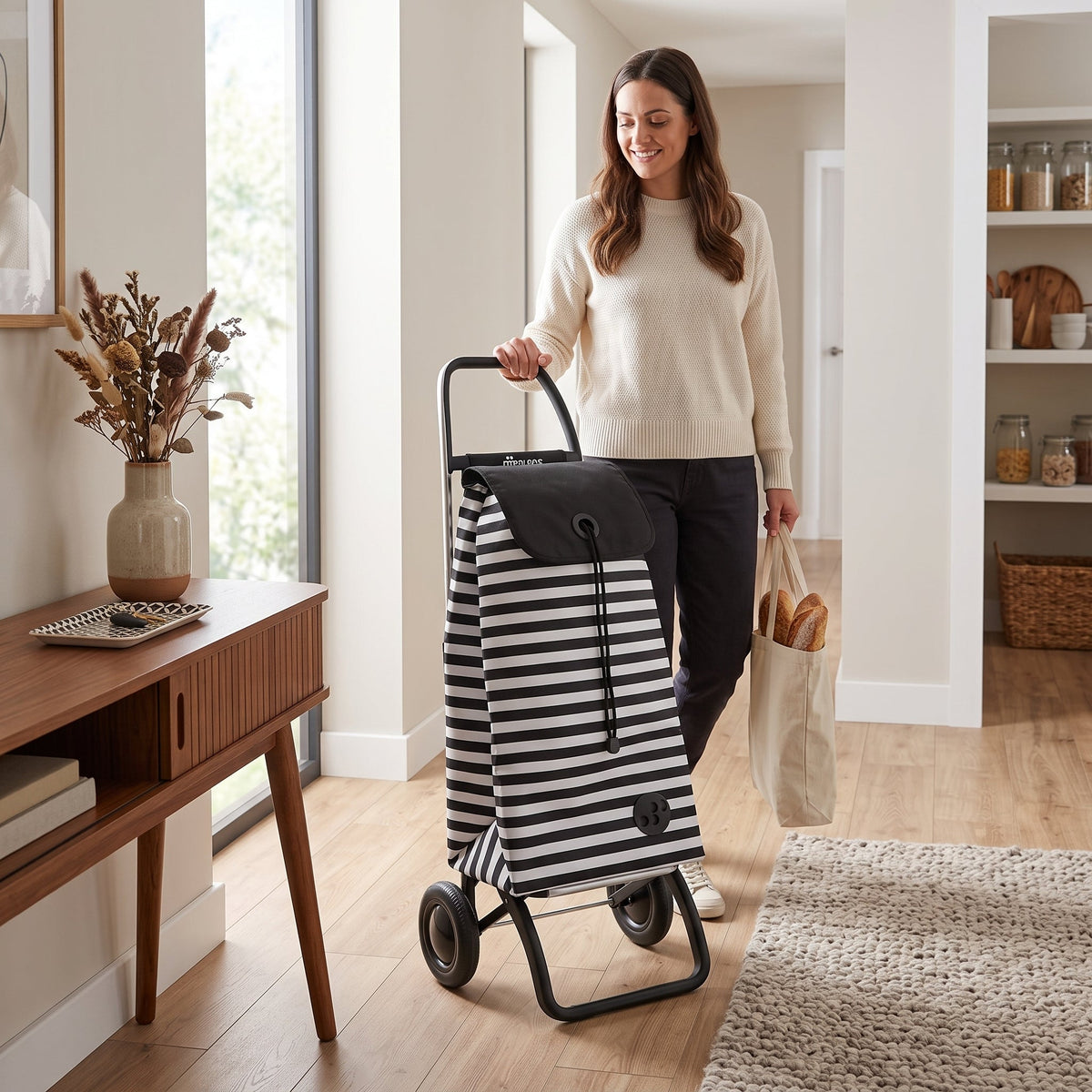 Black & White Stripe Convert 2 Aluminum-Frame Folding Shopping Cart – view 3