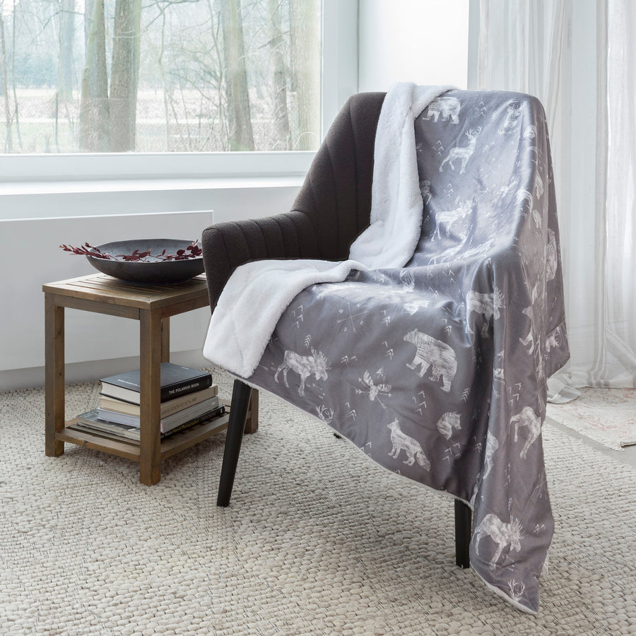 Super Soft Faux Fur Reversible Blanket Throw Sherpa Home Decor Bedding 48X60 Grey Wildlife