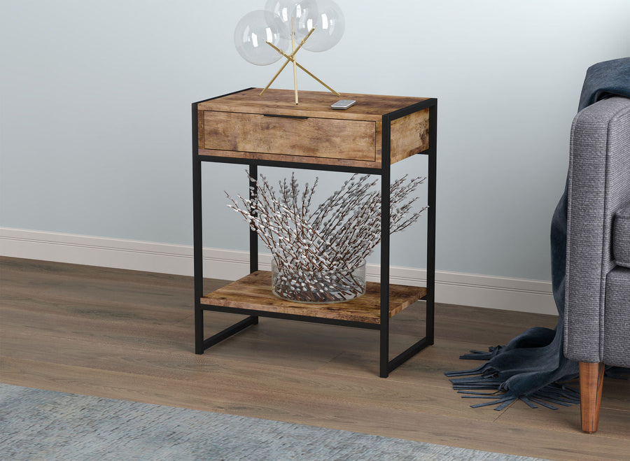 End Accent Table Brown Reclaimed Wood 1 Drawer 1 Shelf Black Metal