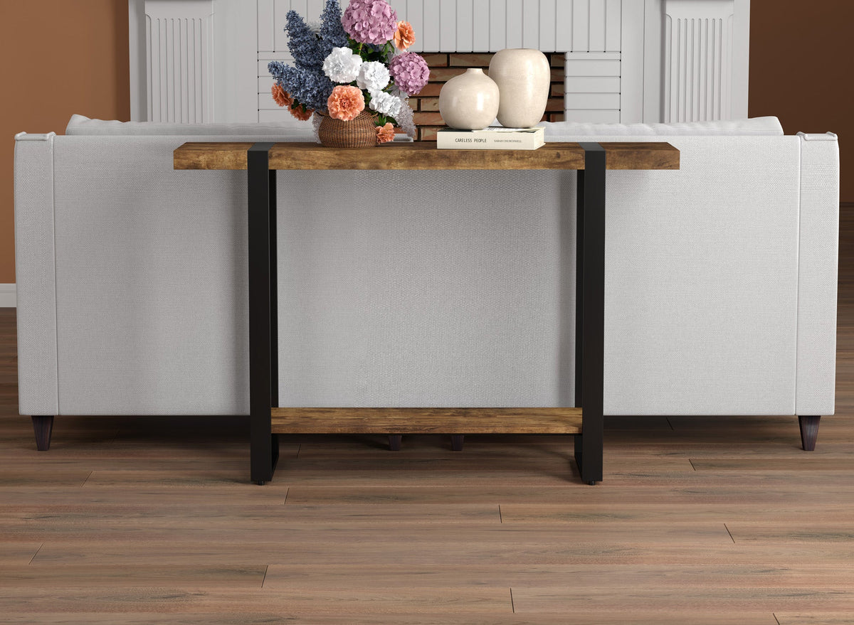 Console Sofa Table Brown Reclaimed Wood 1 Shelf Black Metal Base