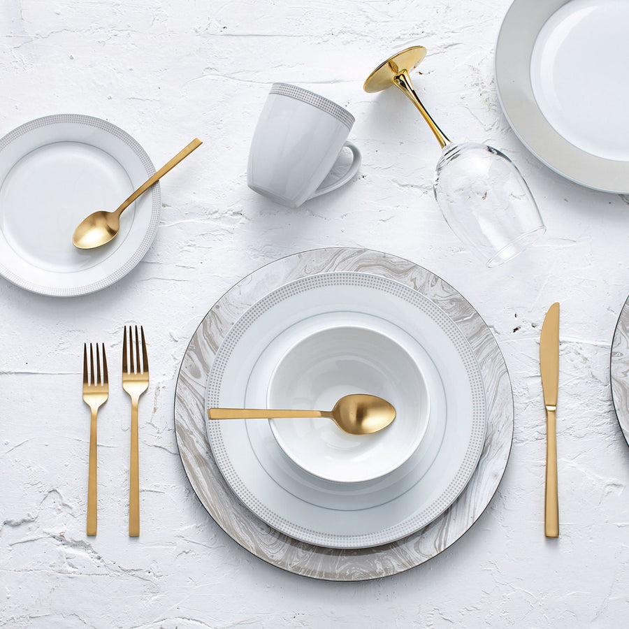 Dinnerware Set Round Rim 16 Piece Taupe Dots, Service for 4