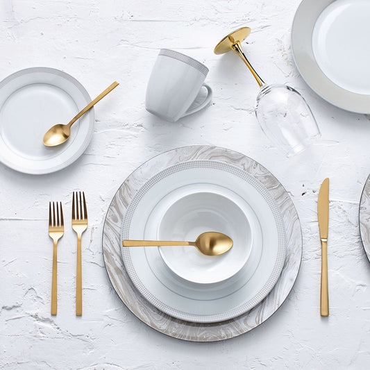 Dinnerware Set Round Rim 16 Piece Taupe Dots, Service for 4