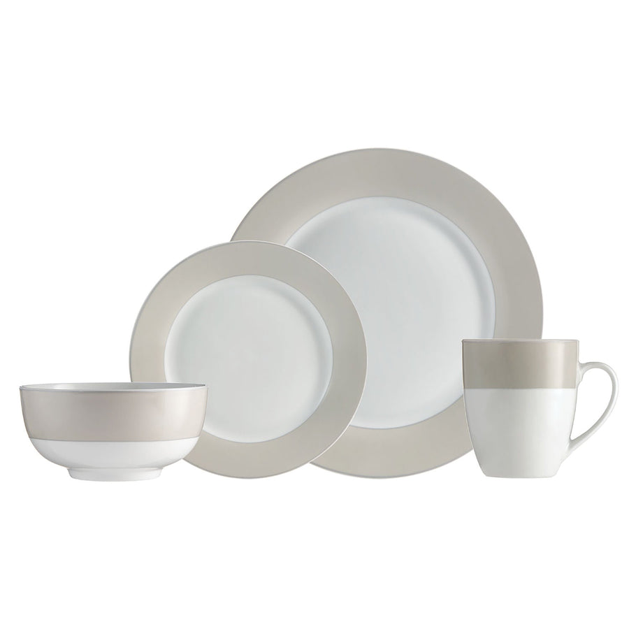 Dinnerware Set Round Rim 16 Piece Taupe Band , Service for 4