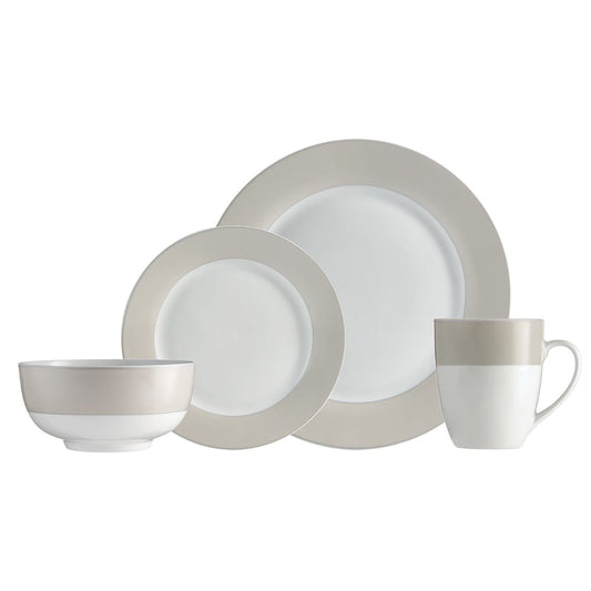 Dinnerware Set Round Rim 16 Piece Taupe Band , Service for 4