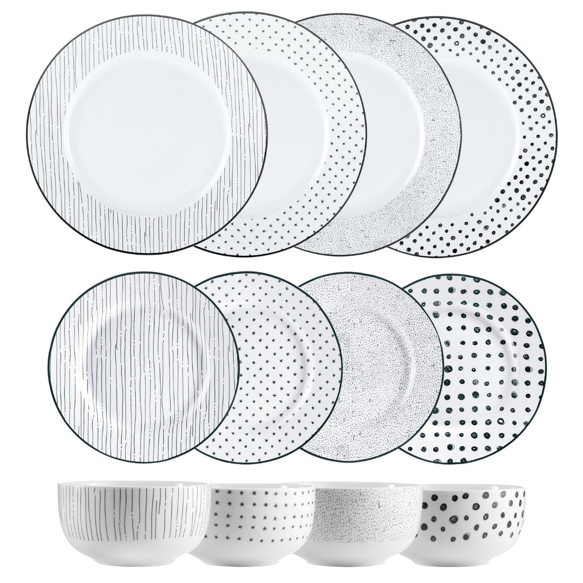 Dinnerware Set 12 Piece Black and White, Service for 4